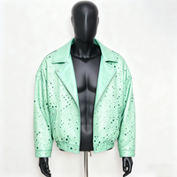 Blouson Bomber en Cuir Personnalisé OEM en Gros avec Logo Gaufré et Détail Pailleté sur le Devant, Coupe-Vent et Écologique pour Hommes