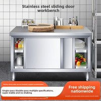 Station de travail en acier inoxydable avec portes coulissantes, planche à découper, armoire de rangement, table de préparation alimentaire, évier de restaurant, station de cuisson