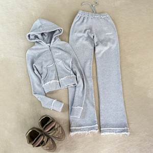 Custom Embroidery Patch Distressed Zip up Hoodies and Sweatpants 2 Piece Set 100% Cotton Gray Sweatsuit Women <b>Jogging</b> <b>Suit</b> - Product Image 1