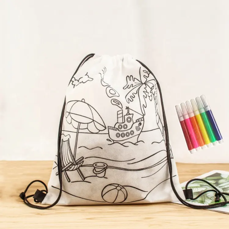 Packaging Drawstring Bags Custom Logo DIY Kids Bag Drawstring Colouring Graffiti Children Packaging Bags Drawstring