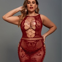 Combinaison en résille grande taille avec broderie décorative, rouge, transparente, body en résille, lingerie sexy pour femmes