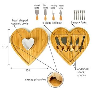 Juego de tabla de quesos de bambú en forma de corazón con cubiertos y plato de cerámica para servir frutas y aperitivos - Product Image 3