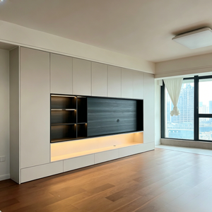 Console <span class=keywords><strong>TV</strong></span> bicolore personnalisable BALOM avec armoires supérieures blanches, niche <span class=keywords><strong>TV</strong></span> en <span class=keywords><strong>bois</strong></span> <span class=keywords><strong>et</strong></span> étagères flottantes à niveaux - Product Image 5