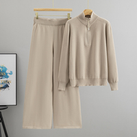 Ensemble 2 pièces tricoté pour femme automne : Cardigan court à col montant et demi-zip, pantalon tricoté taille haute à jambes larges – Tenue décontractée douce et minimaliste