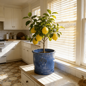 Pot de fleurs en céramique émaillée bleue brillante de style américain, écologique, durable, avec trou de drainage et motif médaillon en relief, pour la maison et l'intérieur - Product Image 2