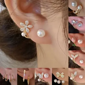 Boucles d'oreilles en cristal perles vintage coréennes pour femmes bijoux haut de gamme luxe Zircon fleur papillon feuille boucles d'oreilles pour femmes