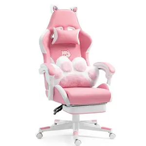 Reclining PC Game Chair Girl Ergonomic Computer Chair with Footrest Pink Gaming Chair with Cat Paw Lumbar Cushion and Cat Ears