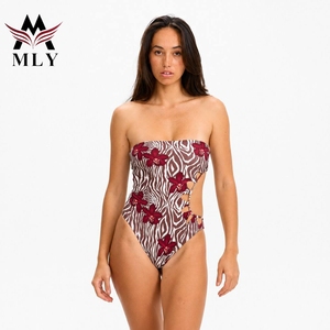 Women Bathing Suit Custom Factory Floral Print <strong>Strapless</strong> One Piece <strong>Swimsuit</strong> Side Cut Out Monokini Swimwear - Product Image 1
