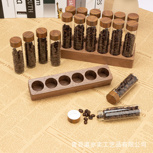 Pot hermétique en bois massif pour grains de café avec couvercle en bois, récipient de stockage en verre pour grains de café, présentoir, lot de 6 pièces - Product Image 1