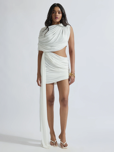 Conjunto de Dos Piezas de Satén Blanco con Abertura en un Hombro y Falda Mini para Fiesta, Modelo A11353 para Mujer - Product Image 2