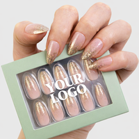 Faux ongles en gel souple à presser, longs, amande, rose nude, paillettes dorées, réutilisables, pour marque privée