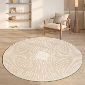Alfombra Redonda con Patrón Geométrico Cremoso, de Fibra de Poliéster Gruesa, para Sala de Estar, Dormitorio o Estudio - Product Image 1