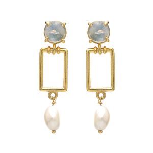 ต่างหูชุบทองสีเงินสเตอริ925ทำมือรุ้งมูนสโตนประดับมุกและเพชรสไตล์น่ารัก - Product Image 1