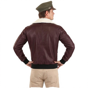 Men's <b>Vintage</b> Leather Bomber Jacket with Faux <b>Fur</b> Collar Zipper Closure Windproof Winter <b>Coat</b> Regular Fit Solid Color - Product Image 4