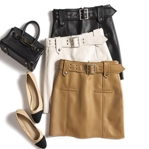3303 Vintage Design Sheepskin Leather Skirt for Women Fall Adjustable Waist Belt Natural Waistline Breathable Miniskirt Solid