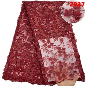 Tecido de renda 3d flor africano, com lantejoulas tecido de renda bordado francesa menina vestido de alta qualidade leite seda 2937
