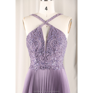 QUEENS GOWN 现代风格装饰性前镂空紫色百褶挂脖长裙 A 字形柔软薄纱内置文胸青少年舞会礼服 - Product Image 4