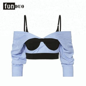 Wholesale Sexy Women's Navel Stripe T-shirt Long Sleeve Crop <b>Top</b> Crop t Shirt Women - Product Image 3