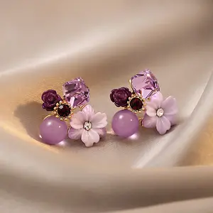 Trendy Element Purple Zircon Opals Flower S925 Silver Needle Stud Earrings Wholesale Jewelry Women Sweet Accessories