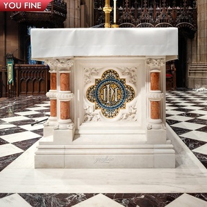 Altare in Marmo Bianco e Rosso Venato YOUFINE, Tavolo Altare per Chiesa Intagliato a Mano con Rilievo dell'Ultima Cena, Colonna Corinzia per Cappella - Product Image 3