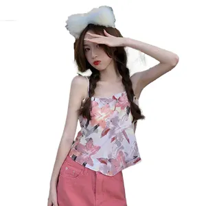 Fragmented Flowers New Sweet Printed Triangle Scarf with Tank Top Beautiful Back Summer Beach Chiffon Bow Short Thin Girl