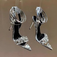 Sandales à talons hauts en argent et diamant pour femmes, chaussures de mariée, bride croisée à la cheville, nouvelle collection 2023