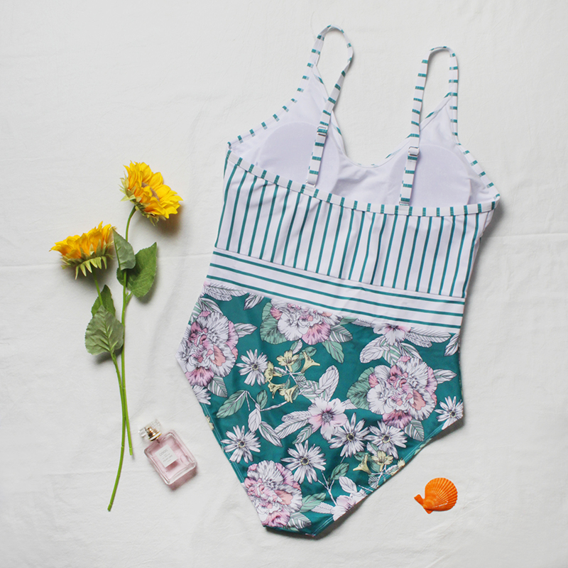 2022 New Design DAMO Plus Size Sexy Ladies Tankini Strip Flowers Printed Swimsuits Back Hollow Out Recycled Nylon Swimwear