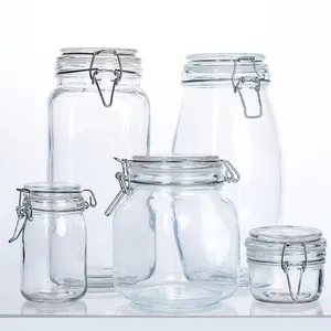 Frascos de vidro para armazenamento de biscoitos, preço barato de fabricação, frasco de vidro com tampa articulada, clipe de cozinha e temperos, com fivela, de vidro selável