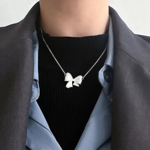S925 Sterling Silver <b>Bow</b> Necklace 405cm Chain Length Bezel Setting <b>Gift</b> for Women Elegant Collarbone Chain Minimalist Style - Product Image 2