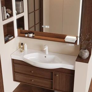 Mueble de Baño Qt de Madera de Nogal con Lavabo de Cerámica de una Pieza, Espejo con Luz, Personalizable - Product Image 3