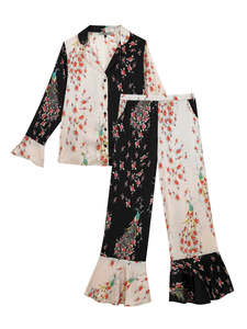 Pyjama en satin pour femmes avec poignets épais, rose, contraste de couleurs paon et roses, design color block, haute qualité - Product Image 3