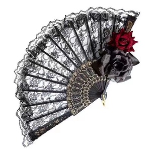Abanico de mano vintage español de <span class=keywords><strong>flamenco</strong></span> con encaje de rosas, elegante abanico plegable negro para fiestas y bodas - Product Image 1
