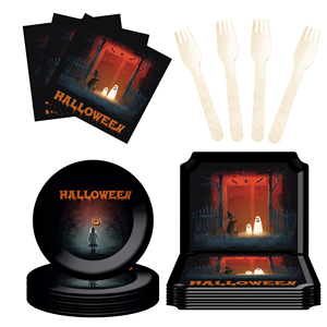 DAMAI Fournitures de fête d'Halloween : Assiettes et serviettes d'Halloween au design citrouille, chat noir et fantôme mignon, ambiance violet et noir - Product Image 4