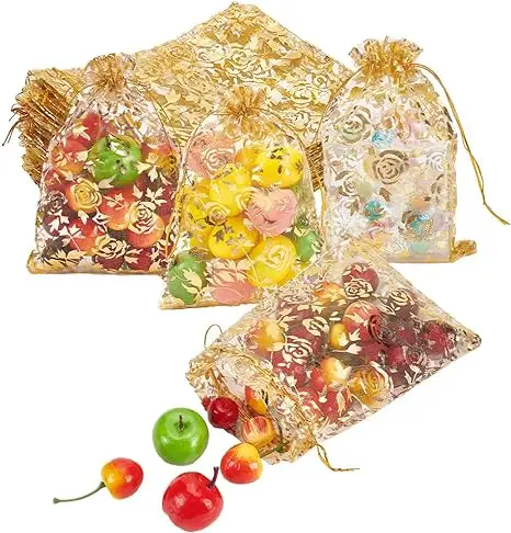 Оранжевые элегантные цветочные сумки из органзы с золотой розой напечатанный Подарочный мешочек с кулиской для свадебных конфет