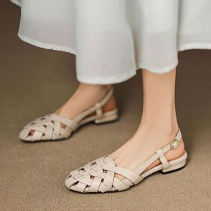 Fashion Weave Anti-Slippery Genuine Leather Sandals for Women Comfortable <b>Flats</b> Toe Shoes 2025 <b>Summer</b> Hollowed Roman Style Green - Product Image 3