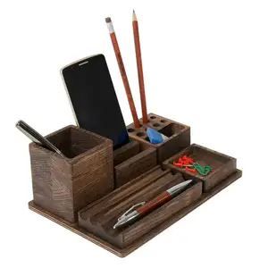 Nampan organizer perlengkapan kantor kombinasi kayu kustom dengan tempat pensil untuk desktop