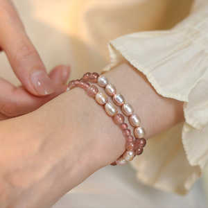 Natural Freshwater Pearl <b>Bracelet</b> with Strawberry <b>Crystal</b> Splicing Beaded Stacked Jewelry Handcrafted <b>Bangle</b> - Product Image 5