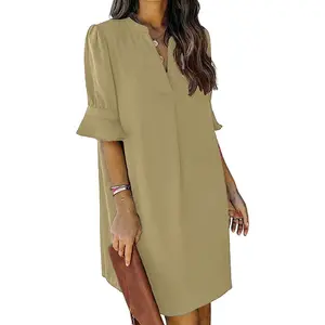 Chemise décontractée midi mode 2023 nouvelle mousseline de soie à manches courtes et ample pour femmes couleur unie été Stand tissé longue 100% Polyester