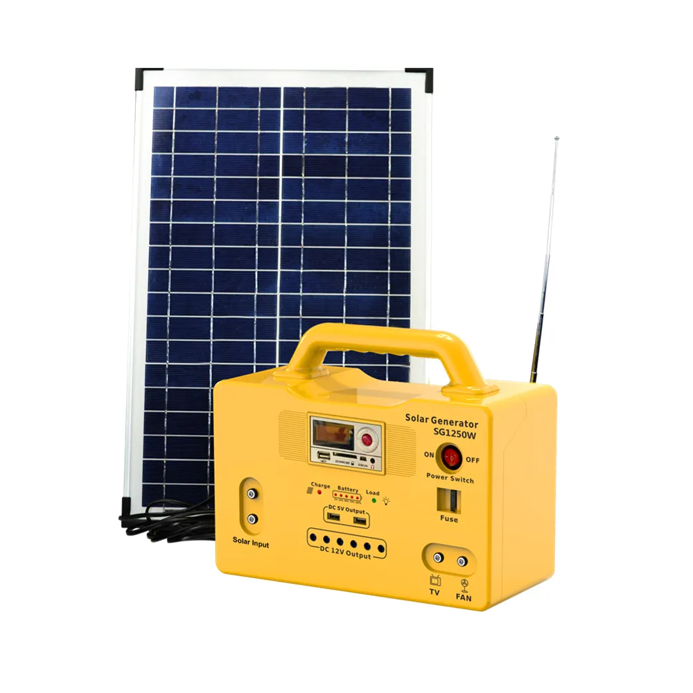 Generator Daya Tenaga Surya 50W Kuning, Sistem Pencahayaan Tenaga Surya DC 12V dengan 6 Lampu Led