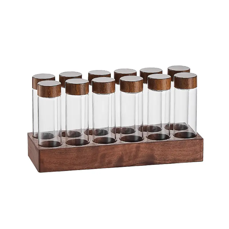 Tubos de dispensamento de grãos de café, rack para exibição de pernas de vidro, walnut, tubo único, utensílios de café, pote de vedação