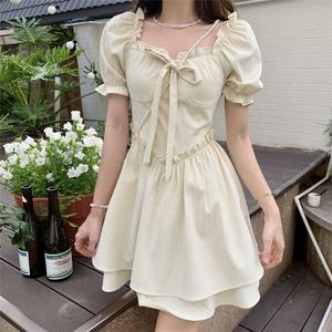 Women's Summer Puff Sleeve Square Neck <b>Dress</b> <b>Elastic</b> Waist Ruffles A-line Casual Daily Wear Breathable Short Sleeve - Product Image 3