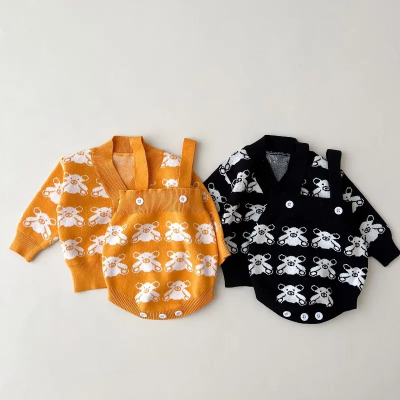 Vêtements d'automne pour nouveau-né, pull tricoté à bordure d'ours, Cardigan, barboteuse pour bébé, ensembles de vêtements