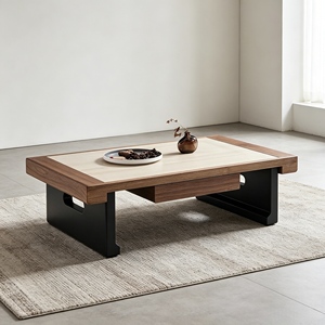 Moderner Couchtisch aus Walnussfurnier mit Mikrokristalliner Steinplatte, Doppelschubladen und passendem Glas-Beistelltisch - Product Image 2