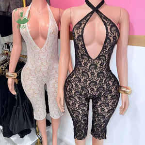 Body Vintage Sexy da <span class=keywords><strong>Donna</strong></span> in Pizzo Trasparente con Lacci sulla Schiena, Tuta Aderente <span class=keywords><strong>Elegante</strong></span> - Product Image 1