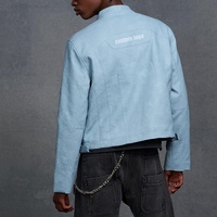 Streetwear personnalisé veste de course broderie Patch haute texture culture veste de moto en polyuréthane bleu Boxy veste en cuir avec fermeture éclair pour hommes