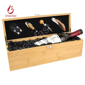 Caja de madera de bambú para botellas de vino, conjunto de regalo de madera para botellas individuales, con 4 herramientas, de alta calidad