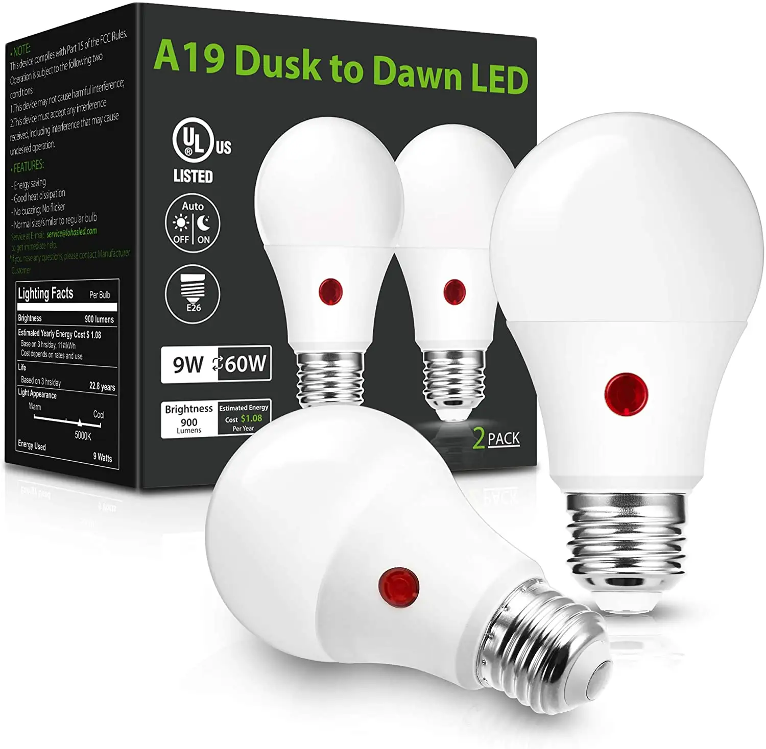 LOHAS 9W şafak vakti ampuller A19 LED sensörlü ışık ampul günışığı 5000K otomatik açık/ev için aydınlatma