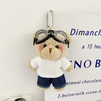 Porte-clés Ours en Peluche Mignon avec Lunettes, Mini Poupée en Peluche Ours en Jean et T-shirt Blanc