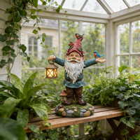Statue de gnome de jardin extérieur avec lanterne solaire, figurine de nain en résine imperméable avec oiseaux pour décorations de patio, de cour et de pelouse