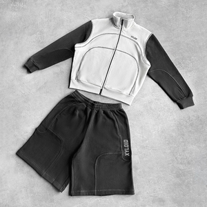 Factory Custom Jogging Suit Oversized Heavyweight Sweat Suit Contrast Stitch Tracksuit Lapel <b>Zip</b> <b>Up</b> <b>Jackets</b> And Shorts Set - Product Image 1